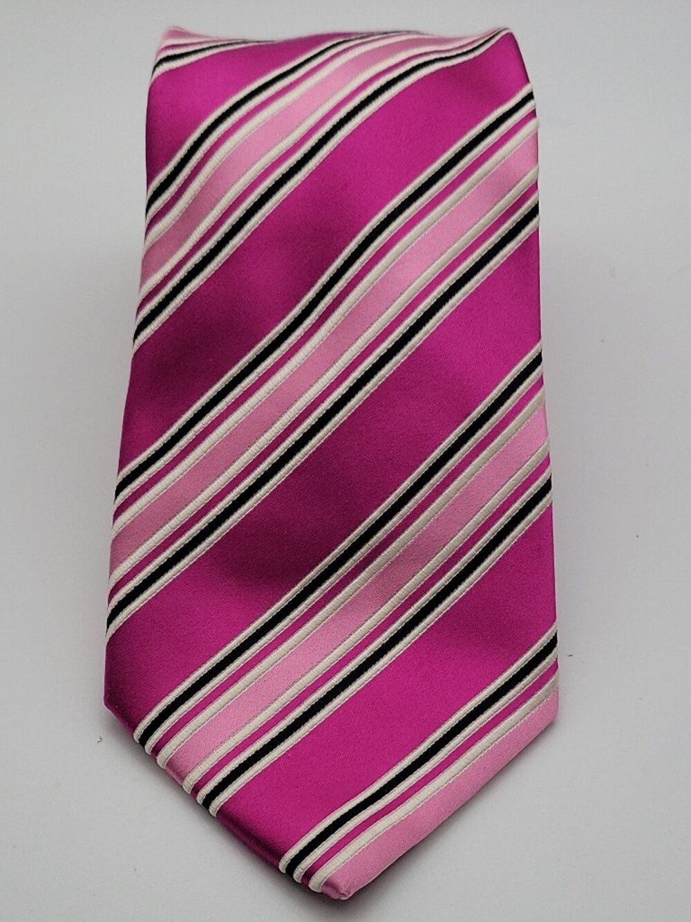 Countess Mara 100% Silk Striped Pink Black White Men's Tie Pointed Handmade